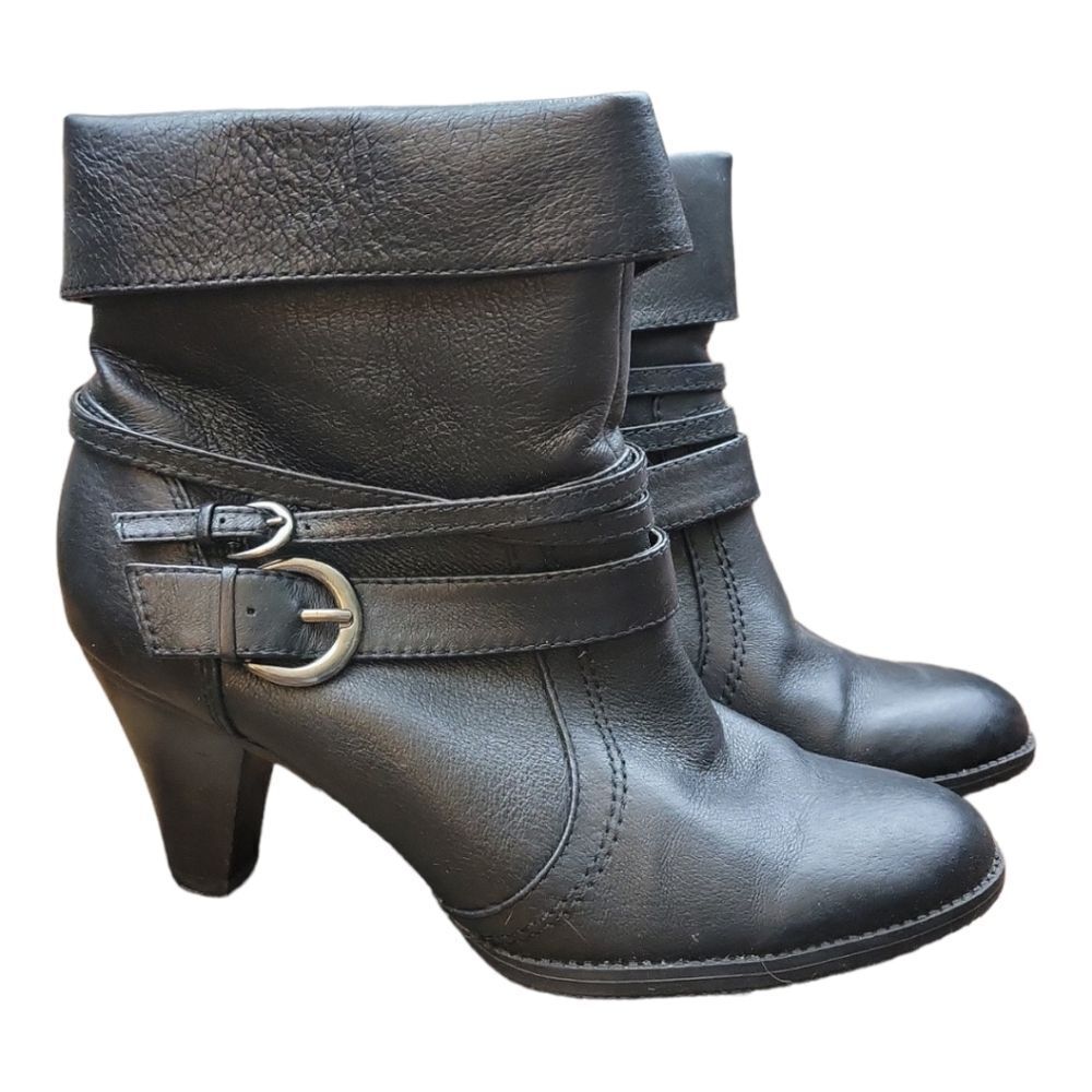 St John's Bay Black Fold Over High Heel Booties with Buckles size 7